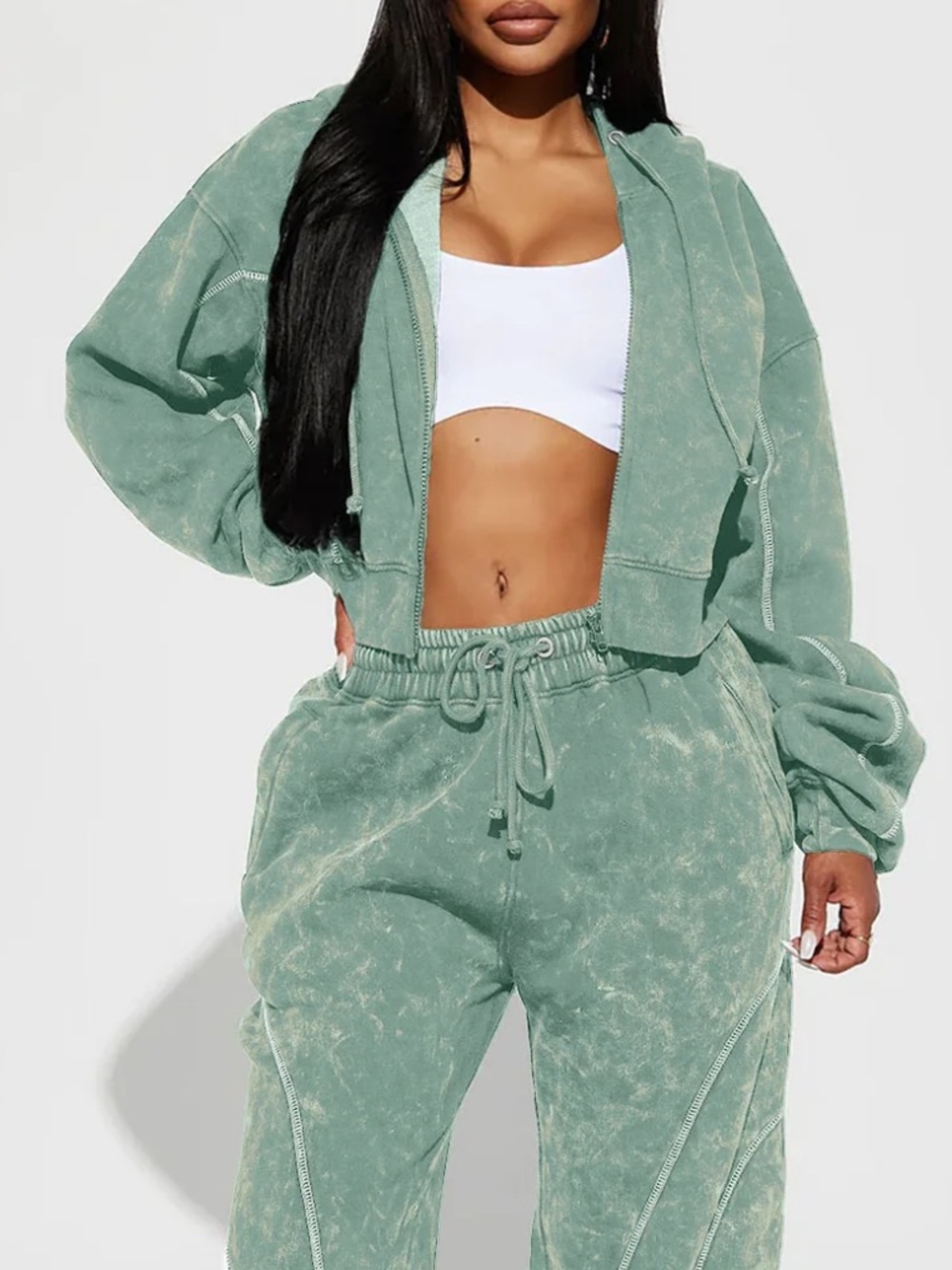 Fashion Nova Sage Green Mineral-Wash Cropped Hoodie - M